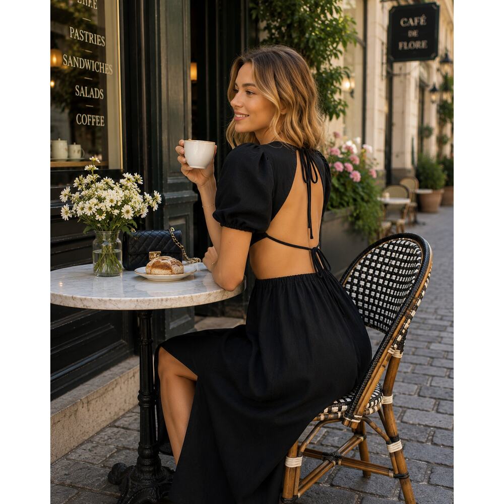 Reformation 12 Anneliese Linen Midi Dress $248 Puff Sleeve Backless Fit Flare - Picture 14 of 15